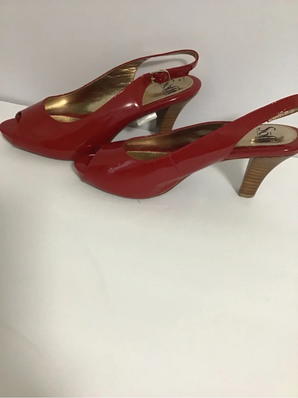 Sofft Red Patent Slingback Peep-Toe Heels with Stacked Heel